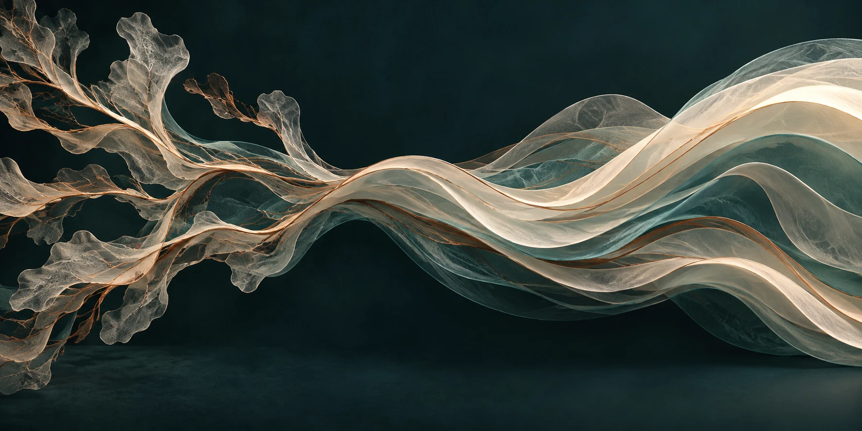 Sculptural, translucent ribbons branch into luminous flowing waves against a deep teal background.
