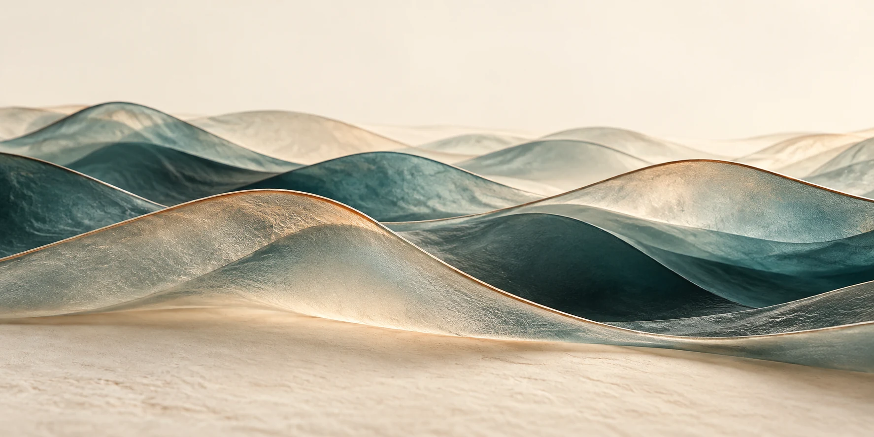 Translucent teal and ivory layers form a continuous, undulating landscape, conceptual artwork for sleep continuity.